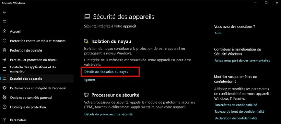 Paramétrer Core Isolation